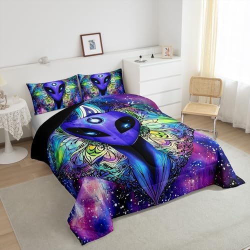 Erosebridal Trippy Alien Comforter Set King, Boho Tie Dye Bedding Sets for Kids Teens Adult Galaxy Outer Space Down Comforter Psychedelic Hippie Skull Duvet Sets 3 Pieces with 2 Pillow Cases