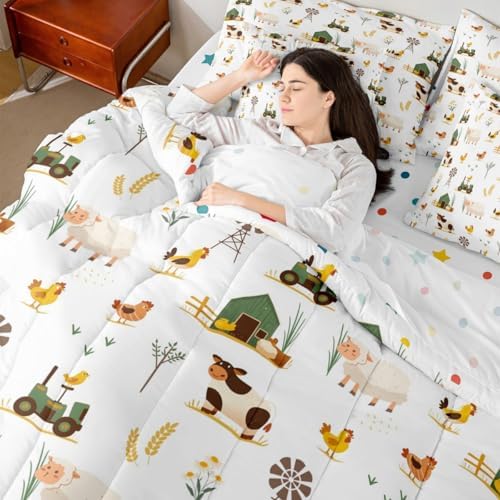 Erosebridal Farm Animal Full Comforter Set 7 Piece for Kids Boys Girls Chickens Sheep Cow Bed in A Bag with Sheets Rustic Farmhouse Windmill Bedding Set Cartoon Tractor Barn Bed Set