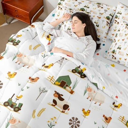 Erosebridal Farm Animal Full Comforter Set 7 Piece for Kids Boys Girls Chickens Sheep Cow Bed in A Bag with Sheets Rustic Farmhouse Windmill Bedding Set Cartoon Tractor Barn Bed Set