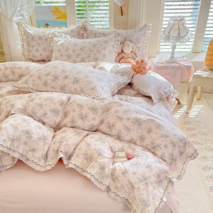 VM VOUGEMARKET Lace Ruffle Duvet Cover Set Twin,Vintage Garden Floral Bedding Set,Double-Layer Gauze Cotton Soft,Breathable & Lightweight for Teen Girls-68 x86