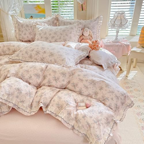 VM VOUGEMARKET Garden Rose Flower Duvet Cover Set Queen Romantic Lace Ruffled Bedding Set Soft Muslin Cotton Bedding,Breathable Linen Like Gauze Comforter Cover with Zipper Closure 90"x90"