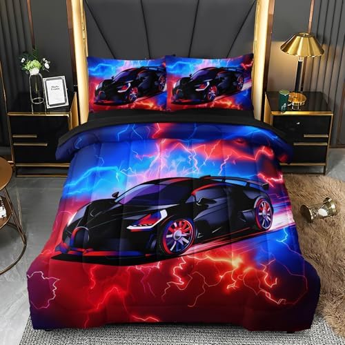 5 Pcs Car Comforter Sets for Boys, Cool Blue Red Lightnings Bed in A Bag Full Size Car Bedding Set for Boys Teens
