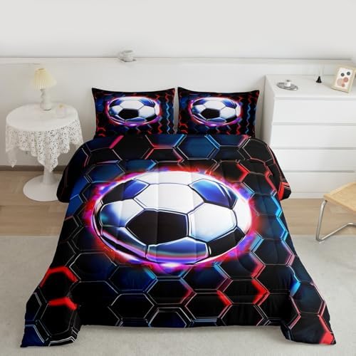FootballComforter Set King Size,Soccer Game Ball Sports Kids Bedding Set,Geometric Honeycomb Hexagon Quilt Comforter,Black Red Duvet Insert,2 Pillowcases