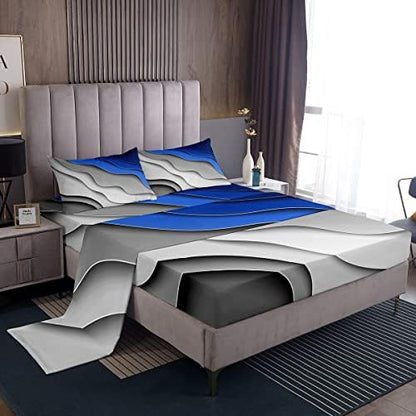 Feelyou Abstract Ombre Bed Sheets Men Adults Teens Ocean Waves Striped Blue Grey White Sheet Set Kids Boys Girls Modern Gradient Contemporary Bed Set Bedroom Collection 4Pcs Queen Size