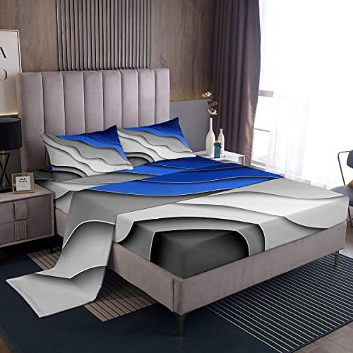 Feelyou Abstract Ombre Bed Sheets Men Adults Teens Ocean Waves Striped Blue Grey White Sheet Set Kids Boys Girls Modern Gradient Contemporary Bed Set Bedroom Collection 4Pcs King Size