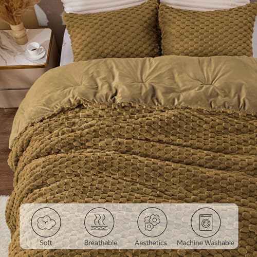 BEDELITE Fluffy Queen Comforter Set, Brown Fleece Bed Set 3 Pieces