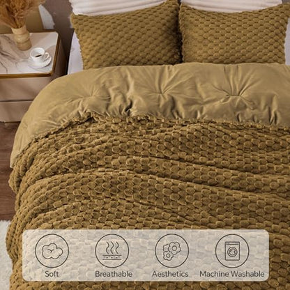 BEDELITE Fluffy Queen Comforter Set, Brown Fleece Bed Set 3 Pieces