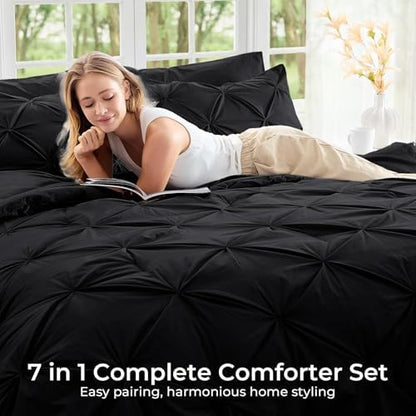 Sasttie Full Size Comforter Set, 7-Piece Bed in a Bag, Pintuck Bedding Set for All Season, Includes Comforter, Flat Sheet, Fitted Sheet, Pillowcases and Pillowshams, Black