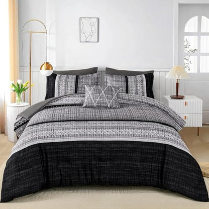 Dintszyayue Black Comforter Set Full Size, 8 Pieces Boho Striped Bed in a Bag Soft Microfiber Bedding Set for All Season