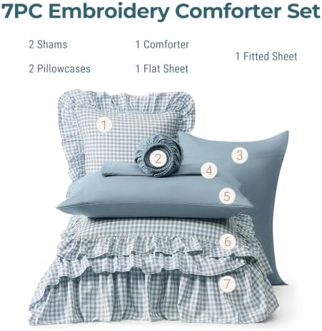 Full Size Comforter Set Blue Gingham Ruffle 7 Pieces Farmhouse Bed in a Bag