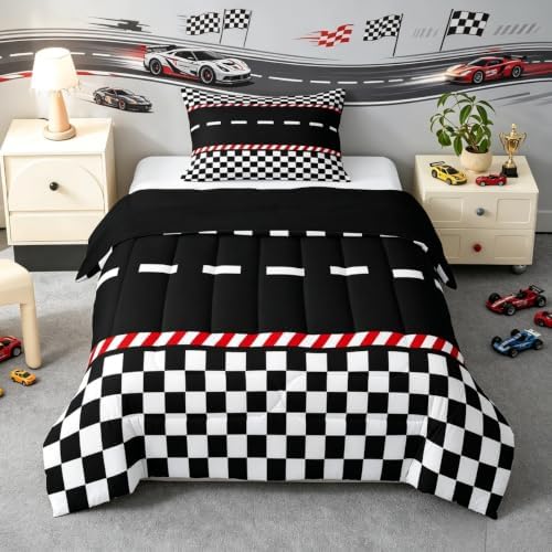 Feelyou Boys Race Car Comforter Set All Season Black White Plaid Bedding Set with 1 Pillow Cases Buffalo Check Microfiber Kids Toddler Bedclothes Bedroom Decor Duvet Quilt Breathable Soft Lightweight