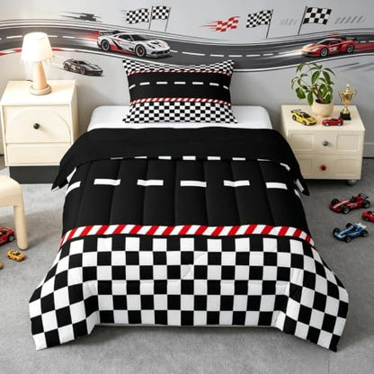 Feelyou Boys Race Car Comforter Set All Season Black White Plaid Bedding Set with 1 Pillow Cases Buffalo Check Microfiber Kids Toddler Bedclothes Bedroom Decor Duvet Quilt Breathable Soft Lightweight