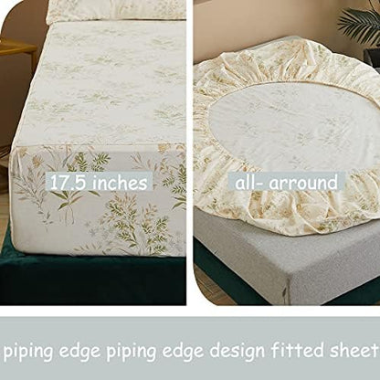 FADFAY Cotton Twin XL Sheet Set, Floral Leaves College Dorm Bedding Premium 100% Cotton 600 TC Green & Cream Flower Bedding Botanical Pastel Printed Soft Deep Pocket Fitted Sheet 4Pcs, Twin XL