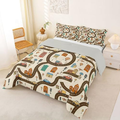 Erosebridal Cartoon Car Comforter Set Queen Cityscape City Car Bedding Set Funny House Building Road Map Comforter for Kids Boys Girls Modern Transportation Vehicle Quilt Duvet