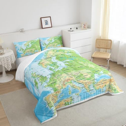 Erosebridal World Map Comforter Set Full Size, Blue Ocean Bedding Set for Kids Boys Girls, Map of Various Countries Quilted Duvet Abstract Art Bedding Comforters Breathable Bedroom Decor