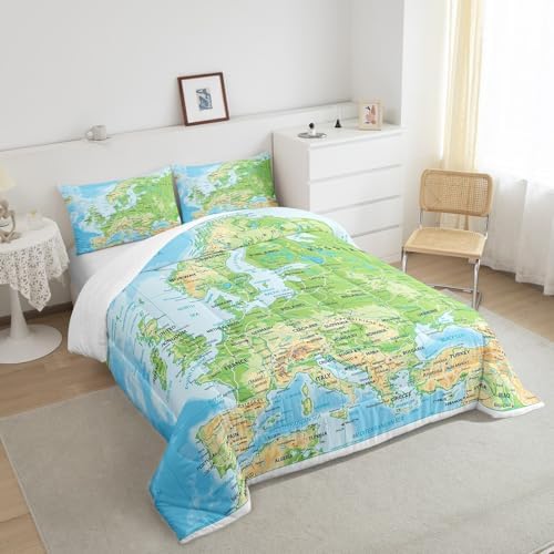 Erosebridal World Map Comforter Set King Size, Blue Ocean Bedding Set for Kids Boys Girls, Map of Various Countries Quilted Duvet Abstract Art Bedding Comforters Breathable Bedroom Decor