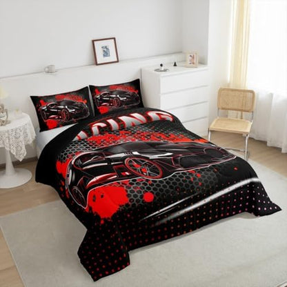 Feelyou Race Car Duvet Quilt Queen Size Red Speed Sports Car Bedding Set for Kids Boys Girls Decor Automobile Bedding Set Breathable Soft Lightweight Microfiber Extreme Sports Bedroom Decor