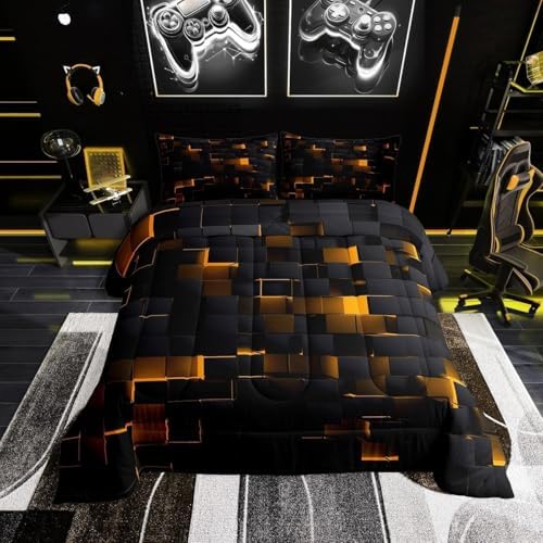 Erosebridal Black and Orange Comforter Set Twin Neon Geometric Checkered Bedding Set for Kids Boys Adults Men,Stereoscopic Grid Plaid Comforter Glowing Square Bed Duvet Set 2 Pcs