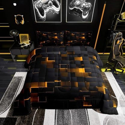 Erosebridal Black and Orange Comforter Set Twin Neon Geometric Checkered Bedding Set for Kids Boys Adults Men,Stereoscopic Grid Plaid Comforter Glowing Square Bed Duvet Set 2 Pcs