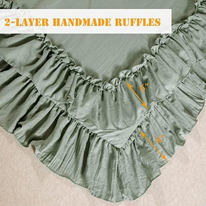 Masaca Green Ruffled Comforter King Size,Farmhouse Shabby Ruffle Rustic Aesthetic Green Bedding Extra Soft 3PCS (1 Ruffle Comforter and 2 Pillowcases)