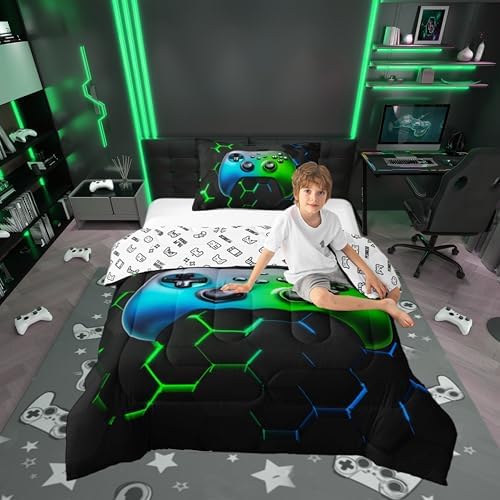 Gaming Reversible Comforter Set Honeycomb Hexagon Bedding Set for Kids Adults Video Game Controller Comforter Cool Gamepad Geometric Quilted Duvet Set Bedroom Collection Twin Size 2Pcs,Green and Blue