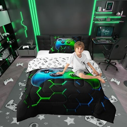 Gaming Reversible Comforter Set Honeycomb Hexagon Bedding Set for Kids Adults Video Game Controller Comforter Cool Gamepad Geometric Quilted Duvet Set Bedroom Collection Twin Size 2Pcs,Green and Blue