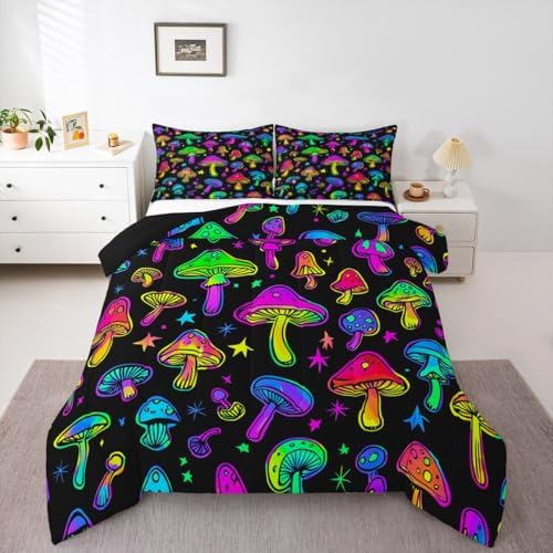 Erosebridal Cute Mushroom Comforter Set King Colorful Stars Mushrooms Bedding Set for Kids Boys Girls Teen Trippy Psychedelic Botanical Comforter Wild Plants Quilt Duvet Purple Teal 2 Pillowcases