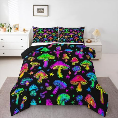 Cute Mushroom Comforter Set Queen,Colorful Hippie Stars Mushrooms Bedding Set Teal Purple Black Kawaii Bed Comforter Sets For Kids Boys Girls Teens Wild Botanical Plants Quilt Duvet 2 Pillowcases