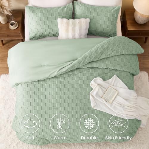 Love's cabin Fleece Queen Comforter Set, Fluffy & Reversible, Sage Green