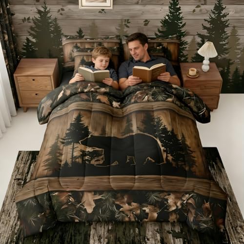 Erosebridal Farmhouse Black Bear Queen Comforter Set with Sheets 7 Piece Rustic Camo Bed in A Bag Country Cabin Lodge Bedding Sets for Kids Adults,Woodland Animal Bed Set