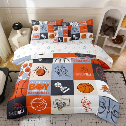 6pcs Basketball Comforter Set for Boys,Twin Size Bedding Sets for Teen,Kids Comforter Set with 1 Quilt+1 Flat Sheet+1 Fitted Sheet+2 Pillowcases+1 Cushion Cover(Basketball-E Twin)