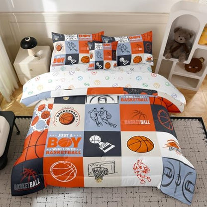 6pcs Basketball Comforter Set for Boys, Full Size Bedding Sets for Teen,Kids Comforter Set with 1 Quilt+1 Flat Sheet+1 Fitted Sheet+2 Pillowcases+1 Cushion Cover(Basketball-E Full)