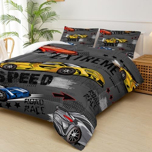 Race Car Full Comforter Set for Boys，Race Car Full Bedding Sets for Boys，Hot Wheels Cars Full Bedding Set，Theme Room Decor