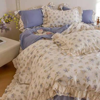 Full Duvet Cover Set 100% Cotton Vintage Floral Duvet Cover with Romantic Ruffle Lace, Breathable Soft Floral Cottagecore Comforter Cover, Aesthetic Botanical Flower Princess Lace Bedding Set Full