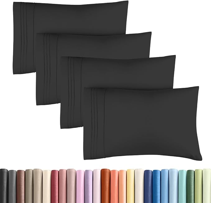 Standard Pillow Cases Set of 4 - Ultra Soft Hotel Quality Pillowcase Covers - Comfy Cozy Bedding for Women, Men, Kids & Teens - Machine Washable Pillow Protectors - 4 Piece Set - Standard Size Black