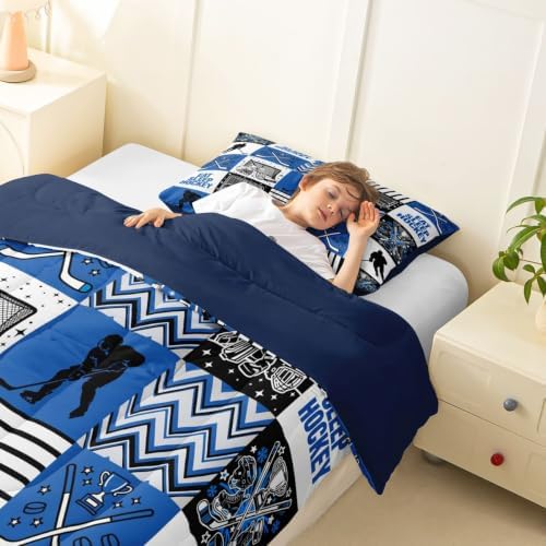 Hockey Sport Comforter Set Queen Size,Eat Sleep Hockey Player Silhouette Bed in a Bag 3Pcs for Kids Teens Woman Men Room Decor,Athletic Quilted Duvet Blue Black White Line Down Comforter,2 Pillowcases