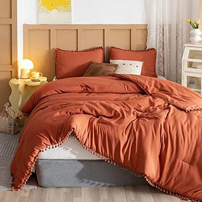 YIRDDEO King Size Comforter Set, Terracotta Pom Fringe Bedding Set 3 Pieces