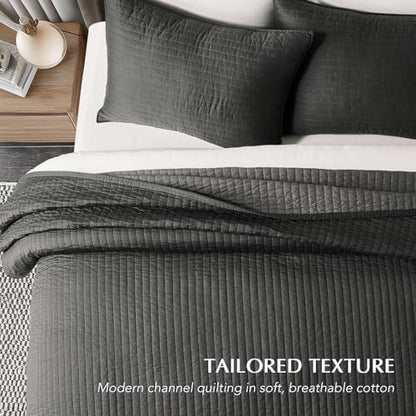 EVERGRACEHOME Cotton Sateen Quilt Set, Queen Size, Washed Black