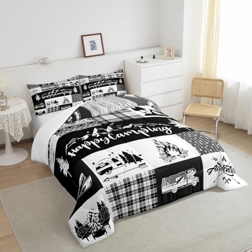 Castle Fairy Camper Adventure Comforter Set Twin Size,Happy Camping Plaid RV Inside Decor Bedding Set for Kids Boys Men,Arrow Hunt Cabin Rustic Farm Check Quilted Duvet Set with 1 Pillowcase