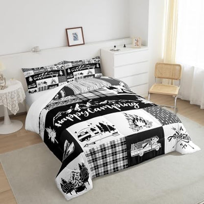 Castle Fairy Camper Adventure Comforter Set Twin Size,Happy Camping Plaid RV Inside Decor Bedding Set for Kids Boys Men,Arrow Hunt Cabin Rustic Farm Check Quilted Duvet Set with 1 Pillowcase