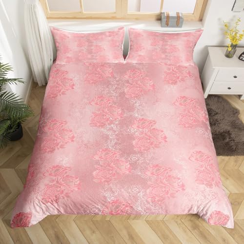 Erosebridal Pink Damask Duvet Cover Set Full Size Vintage Floral Luxury Comforter Cover Flower Decor Soft Microfiber Women Bedding Set with Zipper Ties Luxury Duvet Cover for Adult Women Men Girls