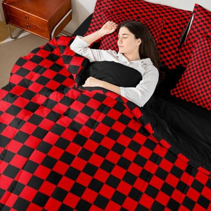 jejeloiu Red Black Bedding Set 7Pcs King Size Kids Plaid Checkered Comforter Set with Sheets for Boys Girls Classic Grid Buffalo Check Bed in a Bag Soft Lightweight,Microfiber