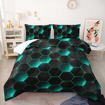 Geometric Black Green Neon Comforter Set,Light Honeycomb 3 Piece Bedding Set Queen for Teen Boys,Modern Bedding Quilt Set Geometry Decor,Microfiber Lightweight 1 Comforter 2 Pillowcases All Season