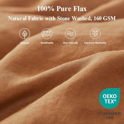 Simple&Opulence 100% Linen Duvet Cover Set 3pcs with Bowknot Ties Closure Natural French Washed Flax Solid Color Soft Breathable Farmhouse Bedding - Rust, Queen Size