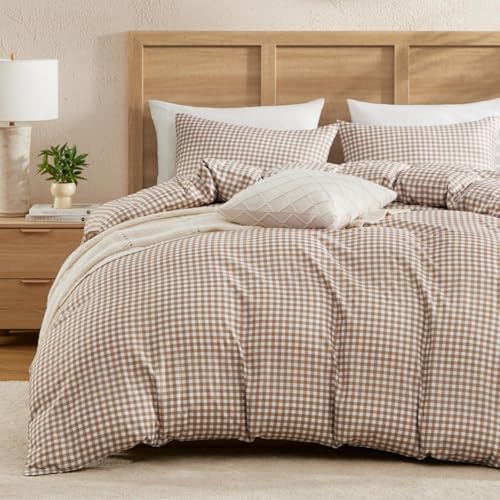 Andency Tan Gingham Duvet Cover King, Brown Checkered Plaid Bedding Set