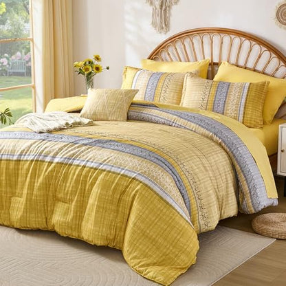 Boho King Comforter Size Set, 8 Pieces Yellow Striped Texture Bed in a Bag Bedding Sets, Lightweight Soft Bohemian Comforter and Sheet Set, All Season Microfiber Teen Boys Bedding Sets for Men Women