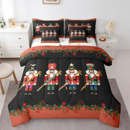 Erosebridal Christmas Soldier 7 Piece Bedding Set Twin Nutcracker Comforter Set with Sheets Cute Xmas Festival Bed in a Bag Black Red Florals Bed Sets Comforter