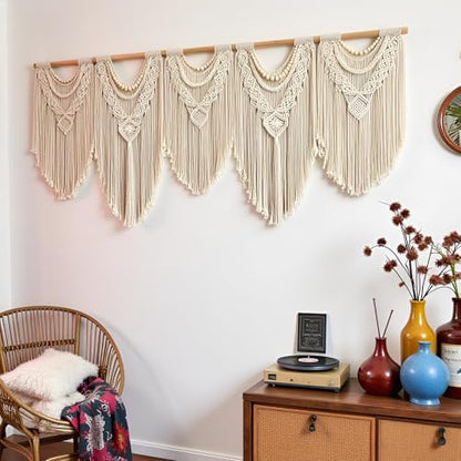 Extral Large macrame wall hanging, 71'' W x 32'' L boho wall art tapestry wall decor for urban entryway,living room,bedroom decor, headboard woven wall art, big fiber art over couch art for Yarn hallway (Wood Bead-B)