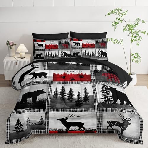 7 Piece Wildlife Bear Deer King Set Comforter，Rustic Cabin King Size Bedding Sets Comforter and Sheets
