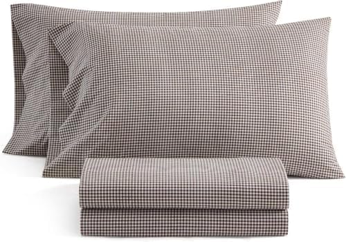 Martha Stewart - King Sheet Set with Fitted Sheet & Pillowcases, Cotton Percale Bedding with a Smooth Feel, Deep Pocket, Gingham Brown